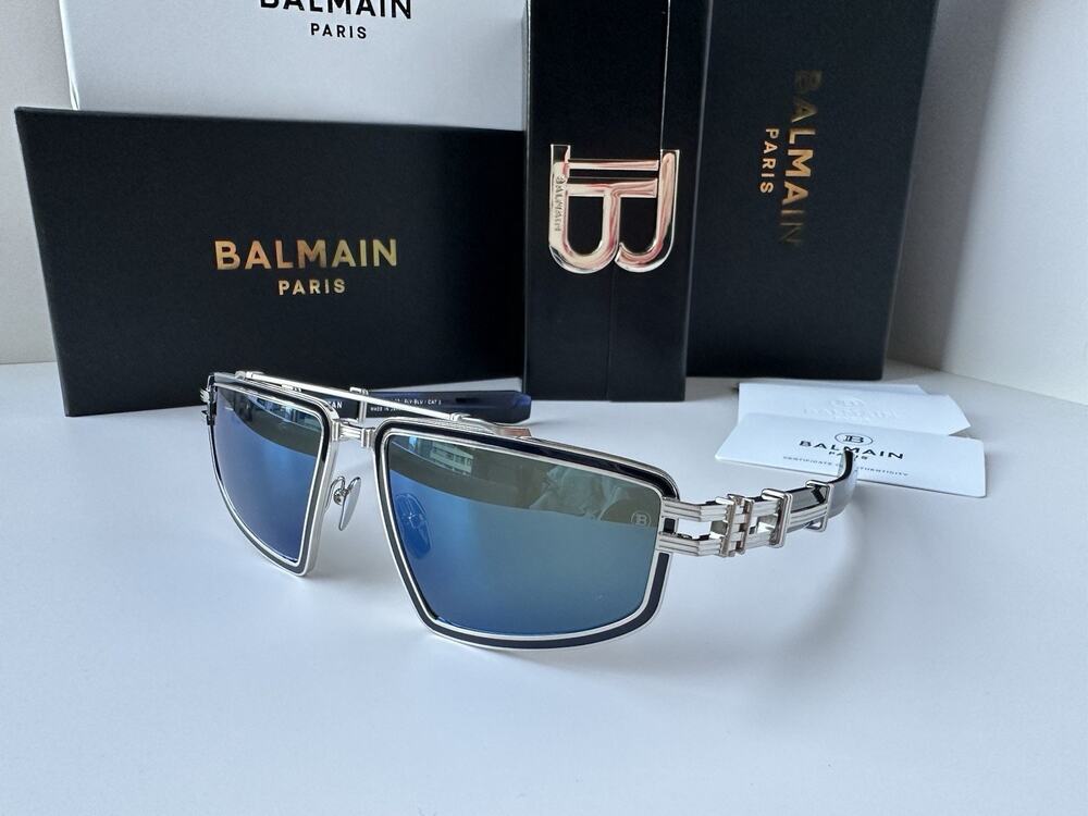 BALMAIN TITAN BRUSHED SILVER/BLUE SWIRL BPS-139-C 59mm Sunglasses AUTHENTIC